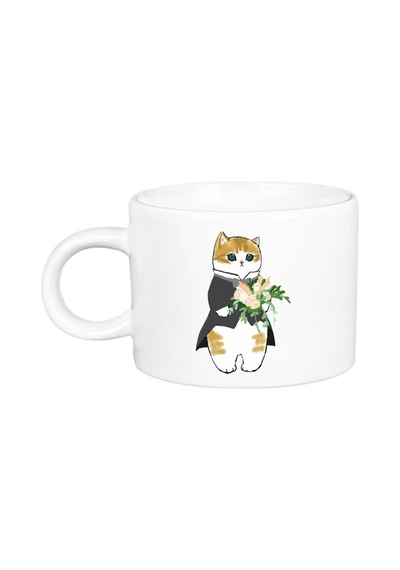 Damatlık Kostümlü Damat Sevimli Kedi Porselen Lüks Fincan Beyaz