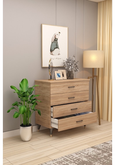 Asra Trend 4 Çekmeceli Şifonyer ŞF-02 %100 MDF Geniş Saklama Ünitesi Sonoma