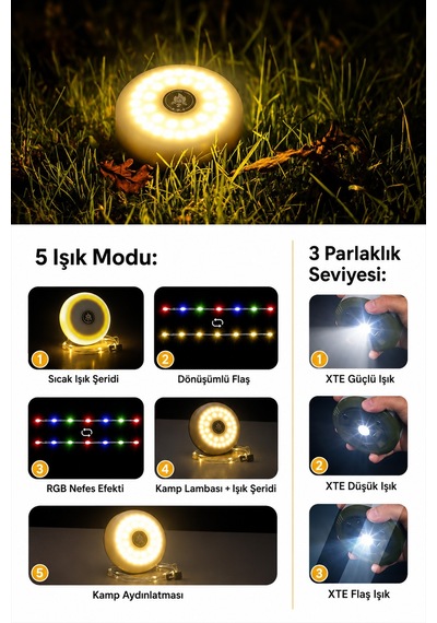 1200 Mah Bataryalı Çok Fonksiyonlu Kamp Lambası Ve 10 Metre Rgb Işık Şeridi