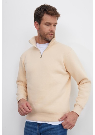 Tudors Unisex Relax Fit Rahat Kesim Pamuklu İçi Polarlı Yarım Fermuarlı Ekru Dik Yaka Sweatshirt-29414