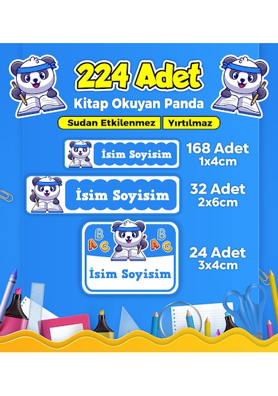 Sevimli Panda Temalı Okul Kreş Kişiye Özel İsim Etiket Seti - Model 170 Çok Renkli