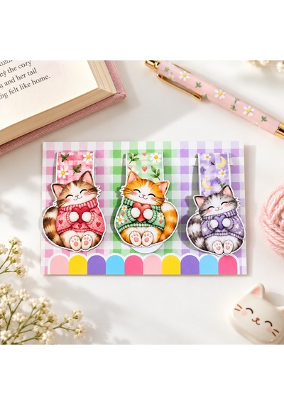 3'lü Mıknatıslı Kitap Ayracı Sevimli Kedi Figürlü