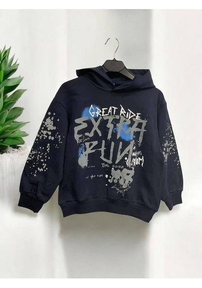 Nk Kids Erkek Çocuk Pamuklu Orta Kalınlıkta Kapüşonlu Sweatshirt-15449 Lacivert