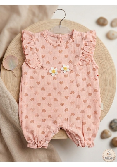 Gökçe Baby %100 Pamuk Müslin Bebek Tulumu - Kalp Desenli, Çiçek Detaylı Yazlık Bebek Kıyafeti Pembe