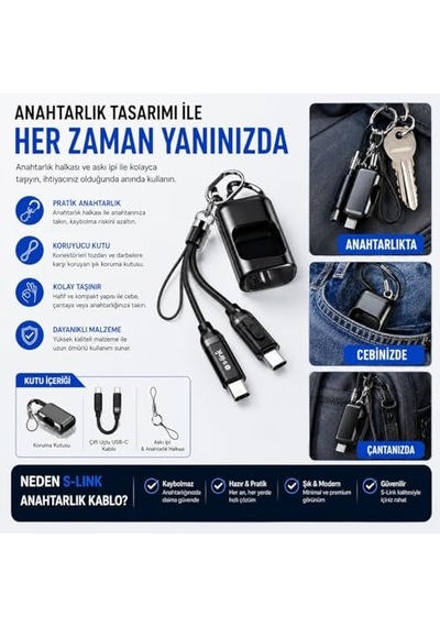 S-link Armor Cc-020 60w 20 Cm Type-c To Type-c Pd Örgülü Metal Başlıklı Siyah Hızlı Şarj Kablosu, Kısa Type C Diğer