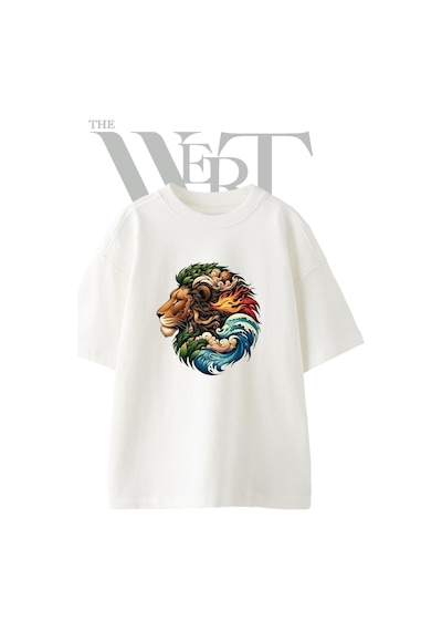Thewert Elemental Lion Tasarım Baskılı Ünisex Beyaz Oversize T-shirt