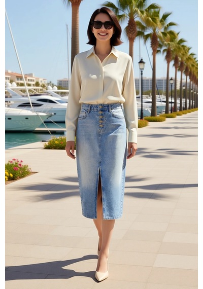 Benerly Kadın Midi Denim Etek Önden Düğmeli Yırtmaçlı A-line Kesim %100 P Mavi