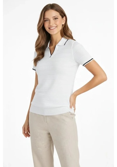 Buğrahayalin Triko Kumaş Yakalı Düğmesiz Açık Yaka Fitilli Kısa Kollu Regular Fit Tişört T-shirt - Beyaz Beyaz