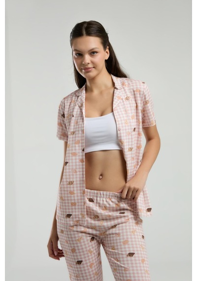 Rolypoly Roly Poly Kadın Gömlek Yaka Önden Düğmeli Kısa Kol Pijama Takım Beyaz