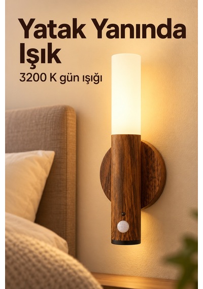 Ahşap Desenli Şarjlı Sensörlü Led Duvar Apliği