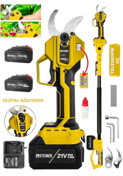 Steiner 30 Mm Dijital Kömürsüz Akülü Bağ Dal Ağaç Kesme Biçme Budama Şarjlı Makası Makinesi + Teleskop S4844