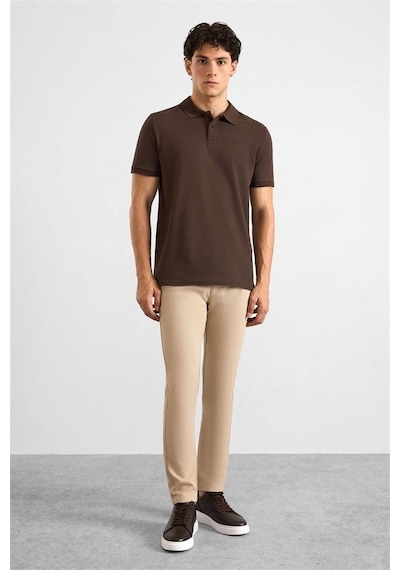 Süvari Koyu Kahve Slim Düz Nakışlı Pike Düğmeli Polo Yaka Tişört Ts1014000474-kh9
