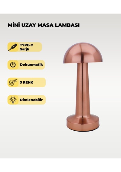Rose Mantar Masa Lambası - Dokunmatik - 3 Renk Işık Rose