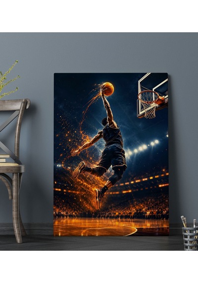 Bk Gift Basketbol Smaç Anı Ateş Efektli Sporcu Ve Potaya Atlayış Temalı Kanvas Duvar Tablosu 50x70 Cm