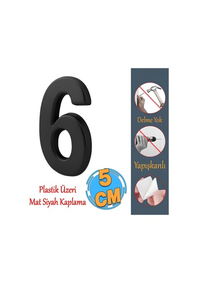 Yapışkanlı Kapı Numarası Küçük Boy 50 Mm 5 Cm Numara 6 Rakam Altı Sayı Siyah Renk Numaralar 1 Adet Diğer