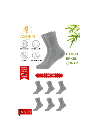 Asden Bambu Erkek Beyaz Soket Çorap 12'li Paket, Burun Dikişsiz, Yıkamalı 6 Çift Gri