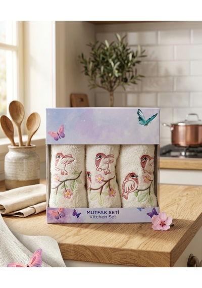 3 Lü Nakışlı Mutfak Havlusu Seti 30x50 Cm Kutulu Hediyelik Pamuk Havlu Takımı Krem