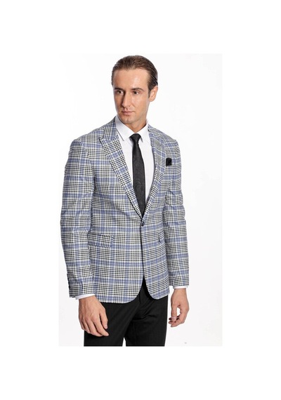 Wessi Ekose Desenli Slim Fit Siyah Mavi Erkek Ceket - Wessi Mavi - Siyah