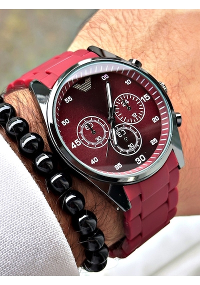 Premium Tasarım Silikon Kordon Exclusive Serisi Metal Kasa Erkek Kol Saati-bileklik Hediyeli Kırmızı