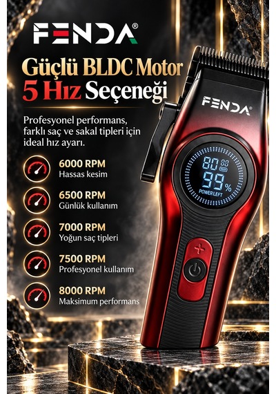 Fenda Profesyonel Şarjlı Bldc Motor 8000 Rpm 2'li Tıraş Makinesi Seti Kırmızı