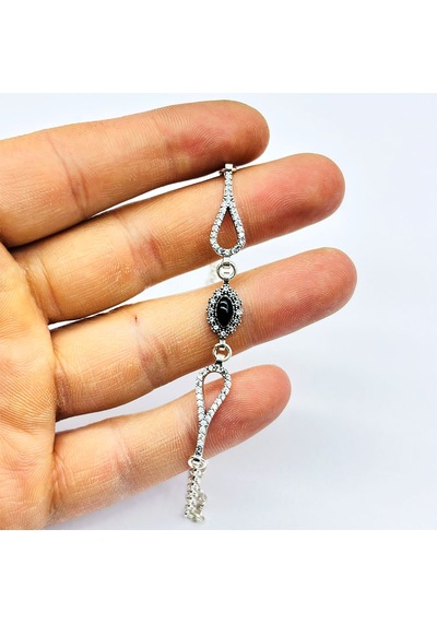 Zirkon İşçilikli Oltu Taşı Tasarım 925 Ayar Kadın Bileklik Gümüş