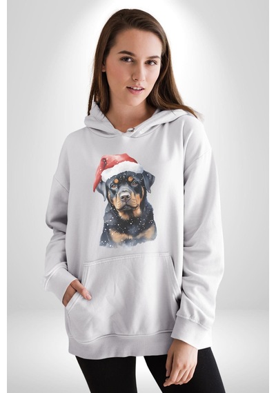 Yeni Yıl Noel Rottweiler Kadın Erkek Beyaz Kapüşonlu Sweatshirt Hoodie Beyaz