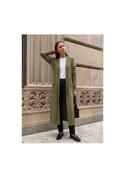 Onno Style Women Kilim Desen Uzun Triko Kadın Hırka Haki