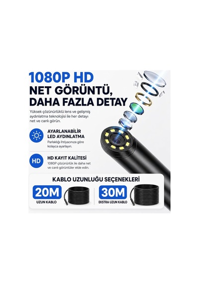 20 Metre Kendinden Ekranlı Çift Kameralı Endoskop Yılan Kamera Full Hd Tesisat Kamerası