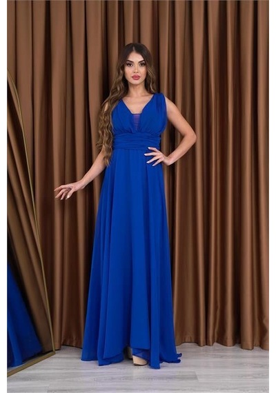 Dip Moda Kadın Saks Mavi V-yaka Şifon Abiye Elbise Dpnb2027 Saks