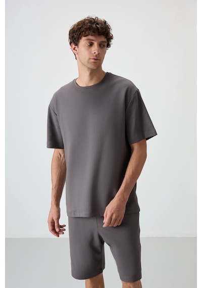 Tommy Life Koyu Gri Pamuklu Kalın Yumuşak Dokulu Oversize Fit Basic Erkek Şort Takım - 85249