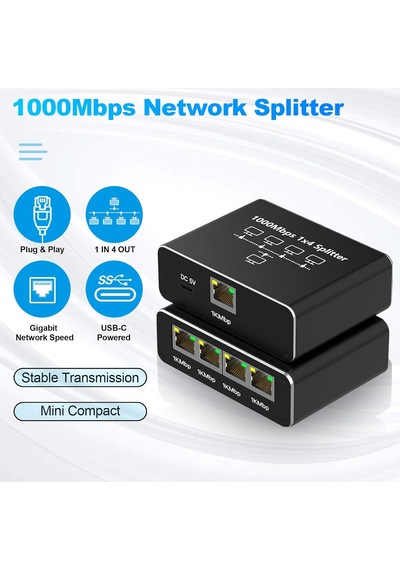 Gigabit Ethernet Splitter Lan Switch 4 Port, Tip C Güç Kablosu, 1000mbps Rj45 Ağ Dağıtıcı, Bilgisayar, Laptop, Router, Tv Kutusu İçin