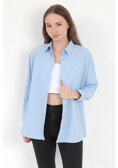 Giysa Kadın Buz Mavi Uzun Kollu Basic Pamuklu Oversize Gömlek - 3900 Mavi