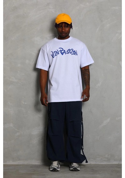 Oversize Baskılı Bisiklet Yaka T-shirt - Beyaz - Beyaz