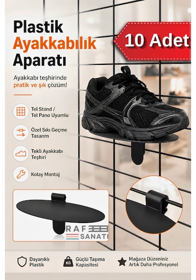 10 Adet - Tel Panoya Geçme Plastik Ayakkabı Rafı Ayakkabı Standı Ve Raf Aparatı Siyah
