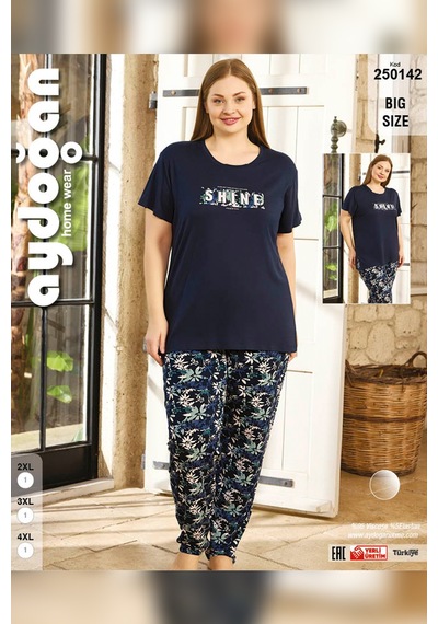Aydoğan Kadın İnci Büyük Beden Kısa Kol Lacivert Pijama Takım 0142 Lacivert