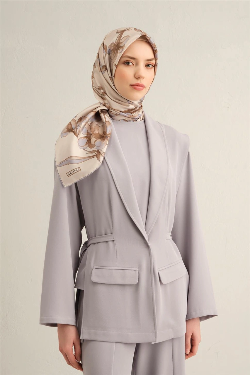 Armine Çiçek Desenli Saf İpek Twill Eşarp 9324d 82 BEj