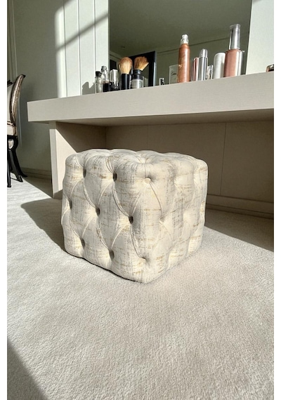 Küp Puf - Best İthal Kadife Babyface Kumaş Varak Baskı - Modern Ve Şık Dekoratif Puf&bench Krem