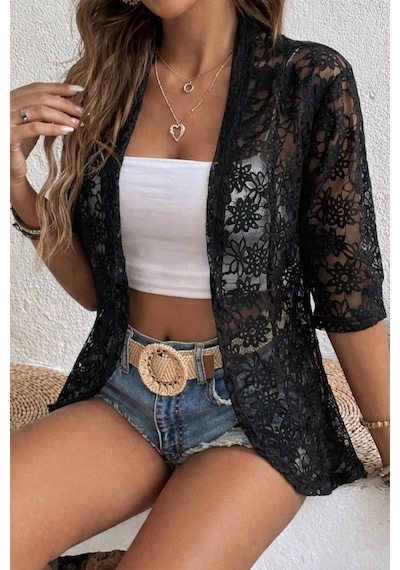 Efnaz Style Kadın Kısa Kollu Önü Açık Dantelli Ceket Siyah