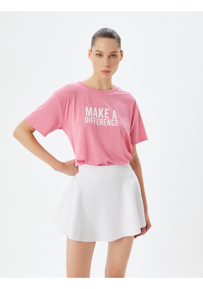 Koton Oversize Spor Tişört Slogan Baskılı Bisiklet Yaka Kısa Kollu Pembe 4sak10334nk Gül