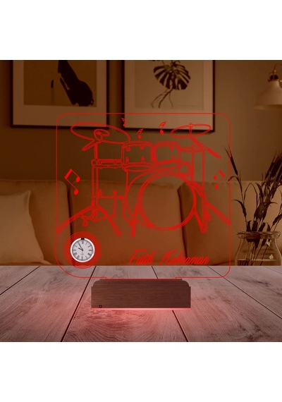 Luvivia Baterist Hediye Bateri Müzik Nota Kişiye Özel Metal Saatli 3d Lamba - Masa Gece Lambası Şeffaf