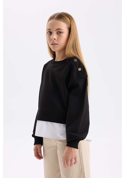 DeFacto Kız Çocuk Relax Fit Bisiklet Yaka Etek Ucu Detaylı Sweatshirt D0703A824AUBK81 Siyah