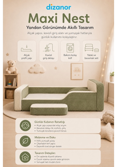 Dizanor Maxi Nest Montessori Çocuk Karyola Yatak Seti Yeşil Fitilli 140 X 200 Dizanor Maxi Nest Montessori Çocuk Karyola Yatak Seti Yeşil Fitilli 140 X 200