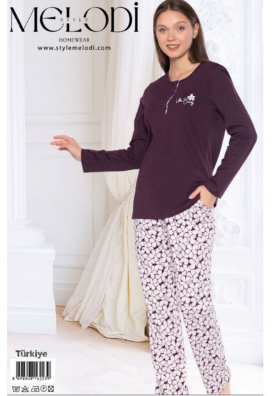 Melodi 16223 Uzun Kol %100 Pamuk Kadın Pijama Takımı V1 Mürdüm