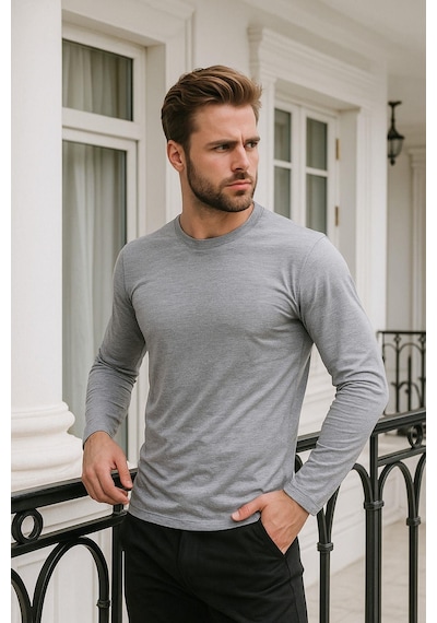 Rich Erkek Uzun Kollu Bisiklet Yaka Tişört - %100 Pamuk Basic Relaxed T-shirt Gri
