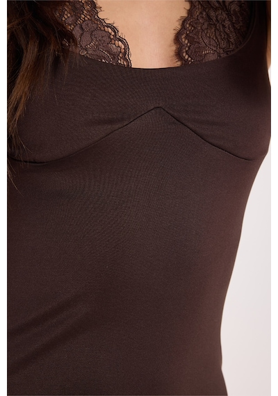 Tudors Kadın Slim Fit Dar Kesim Boyundan Bağlamalı Sıfır Kol Dantel Detaylı Kahverengi Elbise-52065