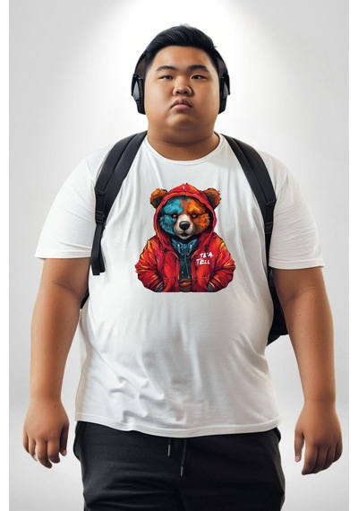 Angemiel Beyaz Hoodie Ayı Beyaz Büyük Beden Kadın Erkek Ünisex Basic Ön Baskılı Tişört Beyaz