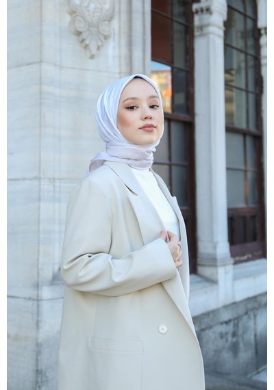 Eşarp - Premium Lux Original Monogram Eşarp İpek Vual, Yüksek Kalite, Hafif, Rahat, Şık, Scarf Krem