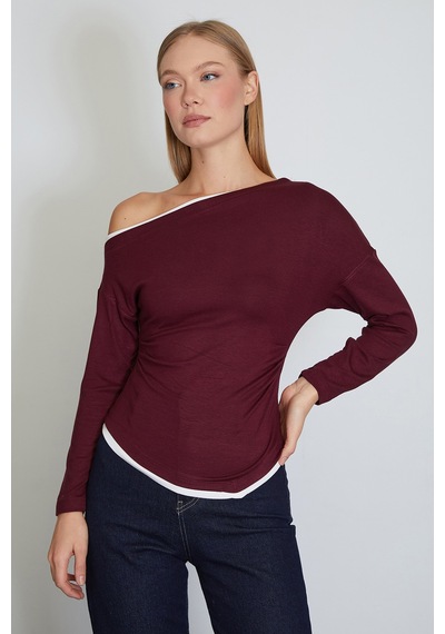 Fullamoda Garnili Kayık Yaka Drapeli Asimetrik Kesim Modal Bluz Bordo