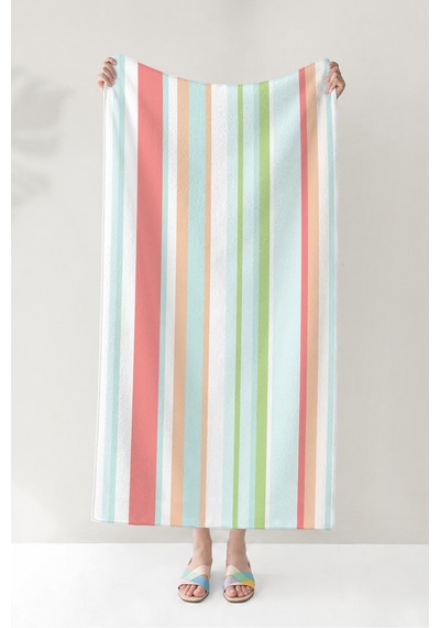 Çizgili Pastel Renkli Mikrofiber Plaj Havlusu - Akdeniz Stil Havuz Deniz Banyo Sahil Örtüsü Berrak Porselen