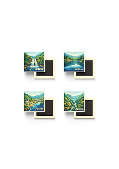 Artvin - 4'lü Memleket Seti - Baskılı Buzdolap Magneti Kare - 9x9 Cm - 4 Adet